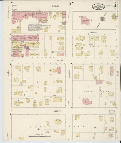Sanborn Fire Insurance Map from Jonesville, Hillsdale County, Michigan (1913), Sheet #0004 - Complete Map Set gallery image, historic Sanborn map, vintage wall art, Michigan Michigan