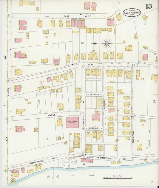 Sanborn Fire Insurance Map from Clarksburg, Harrison County, West Virginia (1905), Sheet #0013 - Historic Sanborn Fire Insurance Map Print, vintage old map wall art, antique decor, genealogy gift, West Virginia West Virginia map