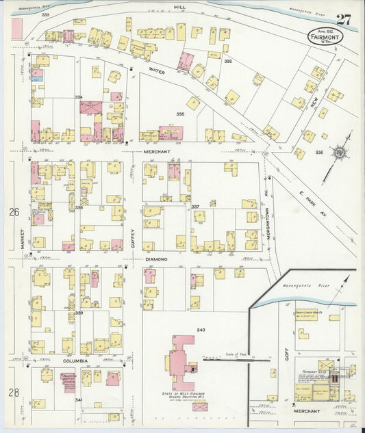 Sanborn Fire Insurance Map from Fairmont, Marion County, West Virginia (1912), Sheet #0027 - Historic Sanborn Fire Insurance Map Print, vintage old map wall art, antique decor, genealogy gift, West Virginia West Virginia map