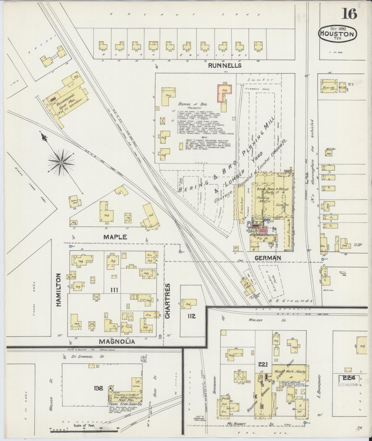 Sanborn Fire Insurance Map from Houston, Harris County, Texas (1890), Sheet #0016 - Historic Sanborn Fire Insurance Map Print, vintage old map wall art, antique decor, genealogy gift, Texas Texas map
