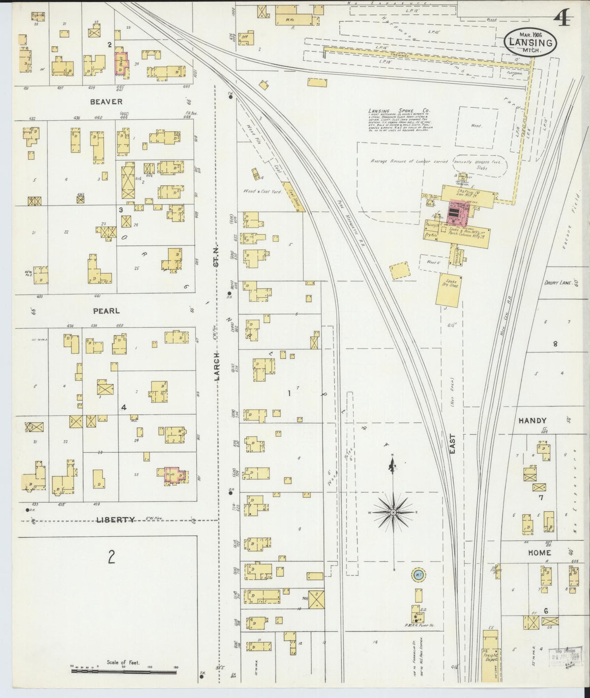 Sanborn Fire Insurance Map from Lansing, Ingham County, Michigan (1906), Sheet #0004 - Historic Sanborn Fire Insurance Map Print, vintage old map wall art, antique decor, genealogy gift, Michigan Michigan map