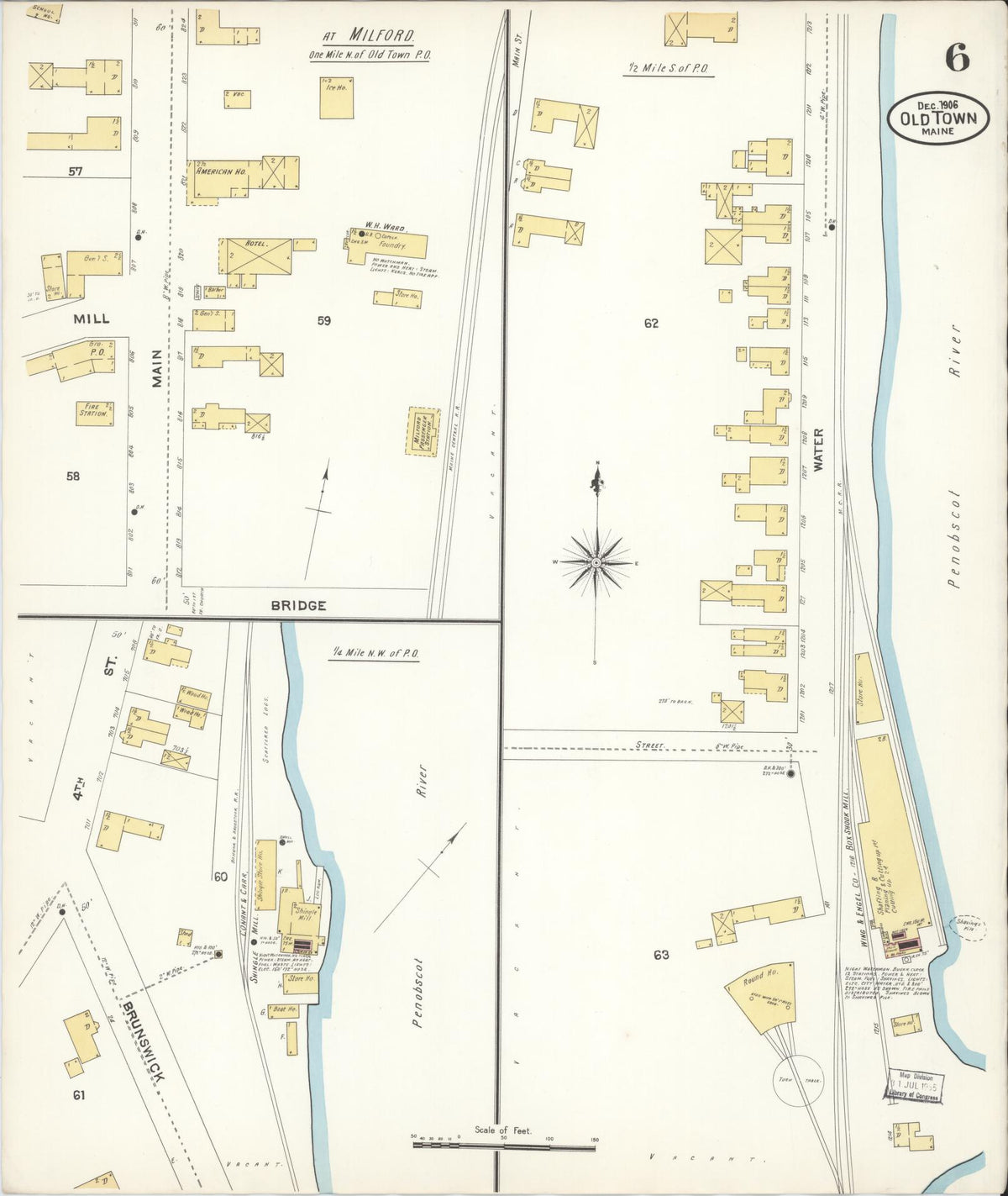 Sanborn Fire Insurance Map from Old Town, Penobscot County, Maine (1906), Sheet #0006 - Complete Map Set gallery image, historic Sanborn map, vintage wall art, Maine Maine