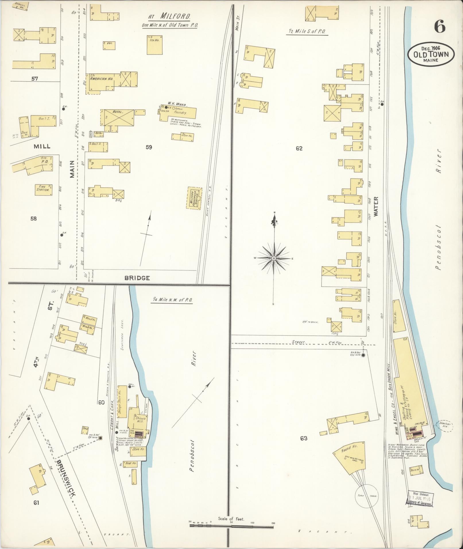 Sanborn Fire Insurance Map from Old Town, Penobscot County, Maine (1906), Sheet #0006 - Complete Map Set gallery image, historic Sanborn map, vintage wall art, Maine Maine