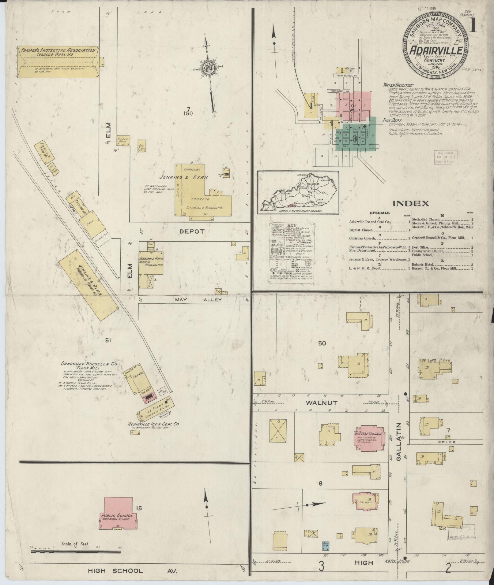 Sanborn Fire Insurance Map from Adairville, Logan County, Kentucky (1916), Sheet #0001 - Complete Map Set gallery image, historic Sanborn map, vintage wall art, Kentucky Kentucky