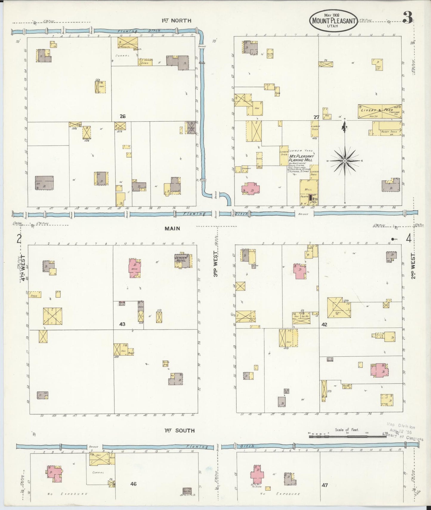 Sanborn Fire Insurance Map from Mount Pleasant, Sanpete County, Utah (1908), Sheet #0003 - Historic Sanborn Fire Insurance Map Print, vintage old map wall art, antique decor, genealogy gift, Utah Utah map