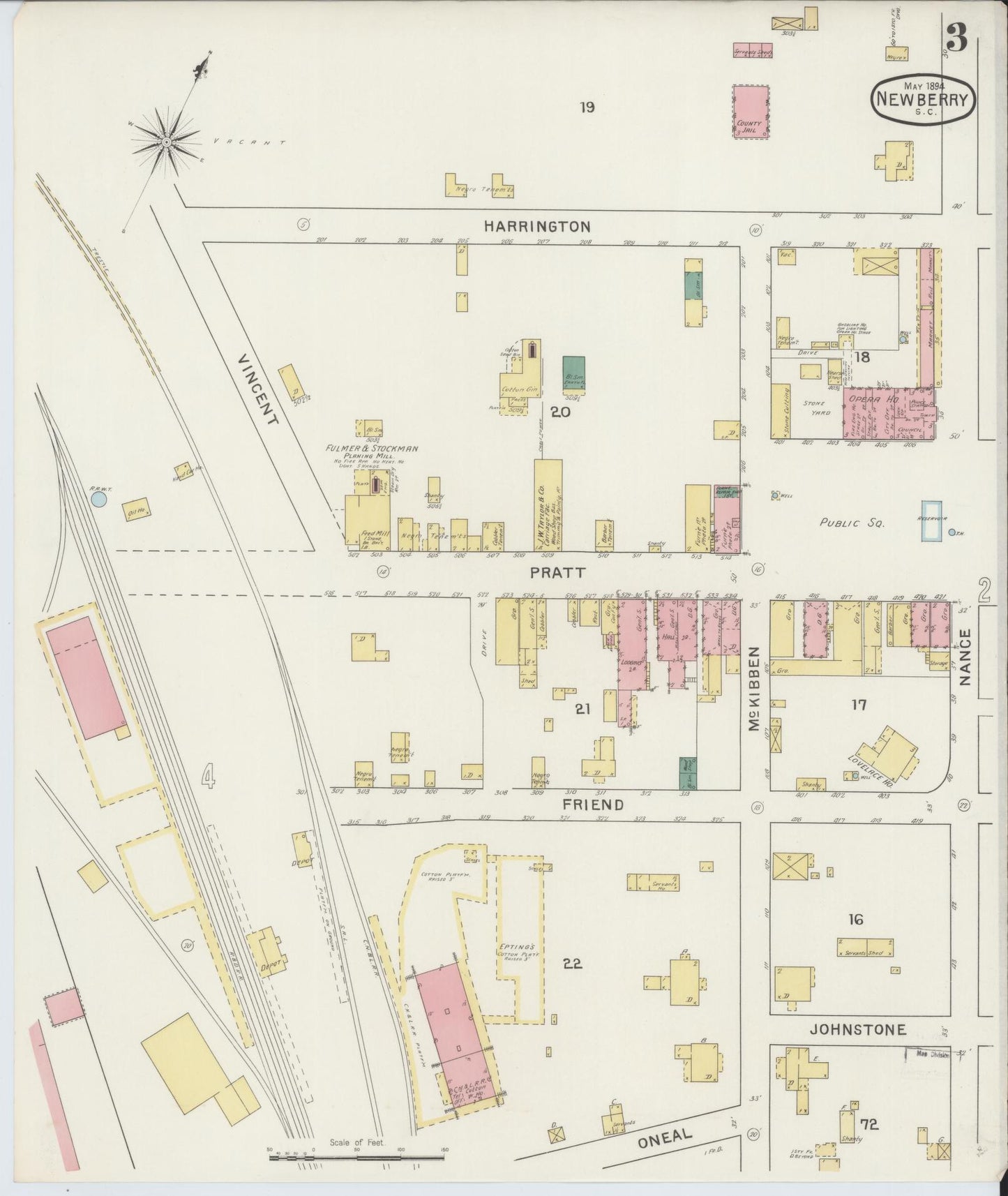 Sanborn Fire Insurance Map from Newberry, Newberry County, South Carolina (1894), Sheet #0003 - Complete Map Set gallery image, historic Sanborn map, vintage wall art, South Carolina South Carolina