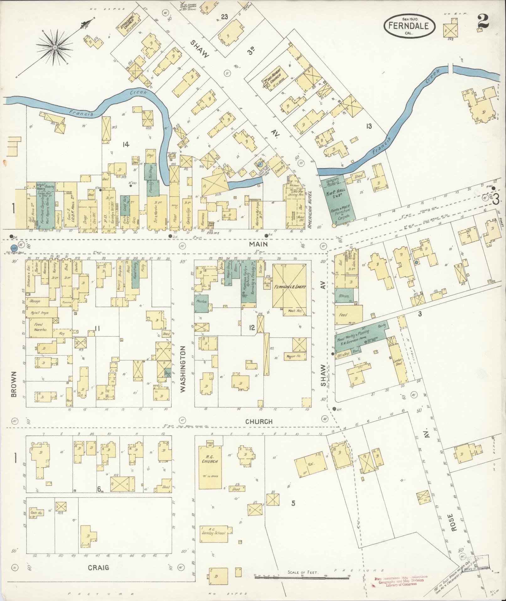 Sanborn Fire Insurance Map from Ferndale, Humboldt County, California (1900), Sheet #0002 - Complete Map Set gallery image, historic Sanborn map, vintage wall art, California California