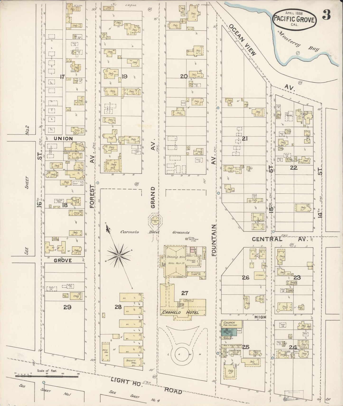 Sanborn Fire Insurance Map from Pacific Grove, Monterey County, California (1888), Sheet #0003 - Complete Map Set gallery image, historic Sanborn map, vintage wall art, California California