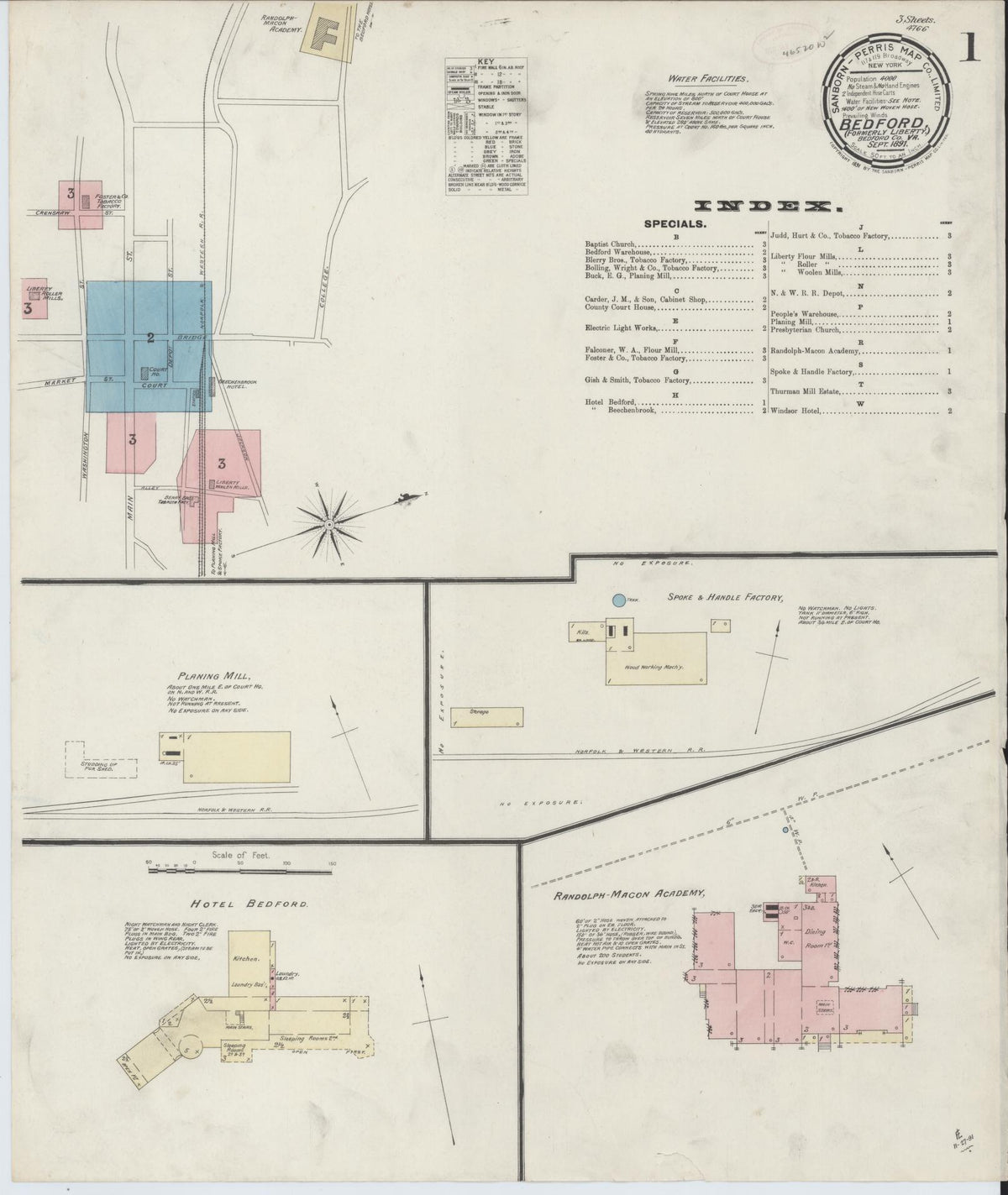 Sanborn Fire Insurance Map from Bedford, Independent Cities, Virginia (1891), Sheet #0001 - Complete Map Set gallery image, historic Sanborn map, vintage wall art, Virginia Virginia