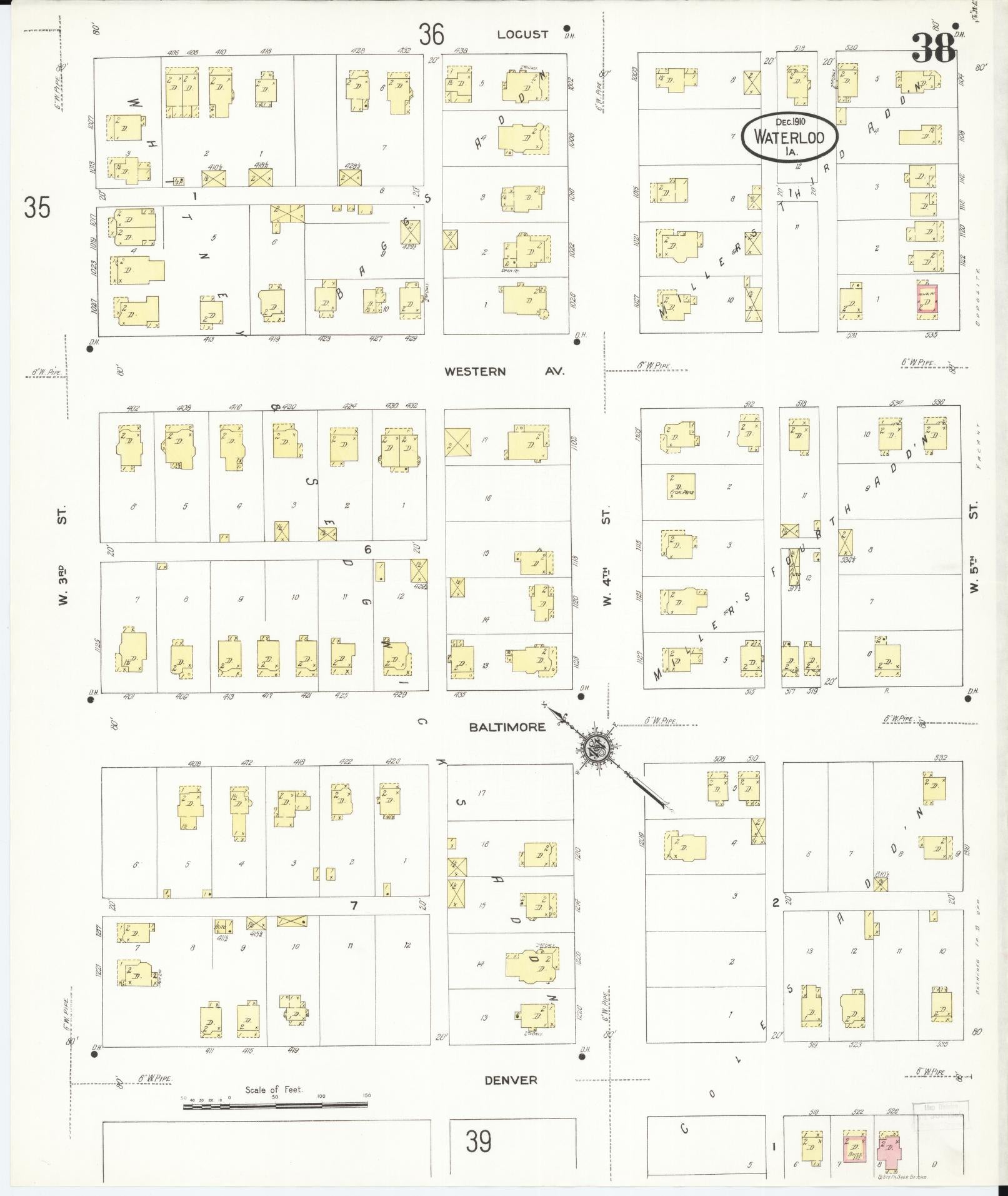 Sanborn Fire Insurance Map from Waterloo, Black Hawk County, Iowa (1910), Sheet #0038 - Historic Sanborn Fire Insurance Map Print, vintage old map wall art