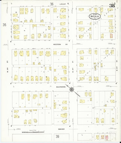 Sanborn Fire Insurance Map from Waterloo, Black Hawk County, Iowa (1910), Sheet #0038 - Historic Sanborn Fire Insurance Map Print, vintage old map wall art