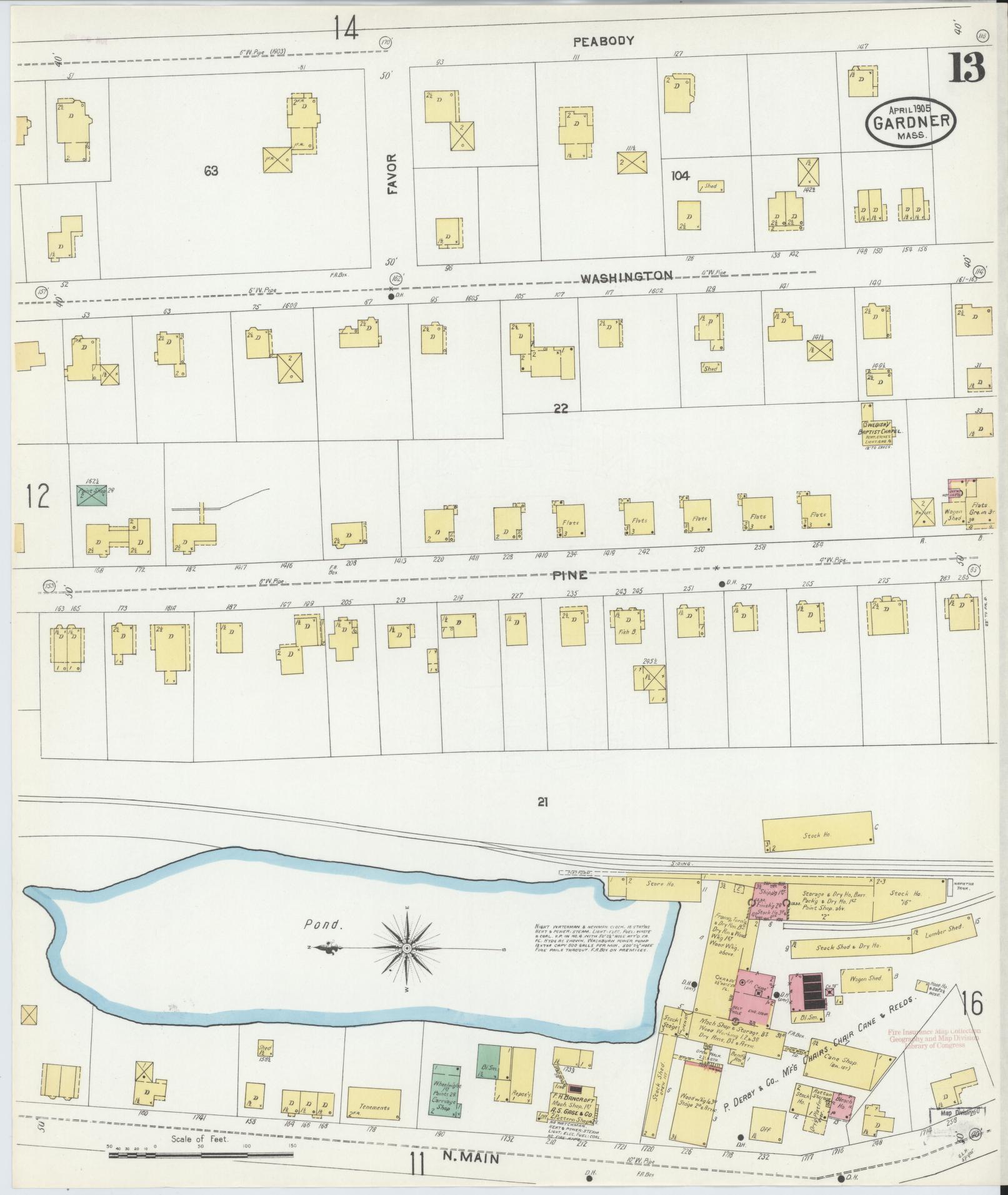 Sanborn Fire Insurance Map from Gardner, Worcester County, Massachusetts (1905), Sheet #0013 - Historic Sanborn Fire Insurance Map Print, vintage old map wall art, antique decor, genealogy gift, Massachusetts Massachusetts map