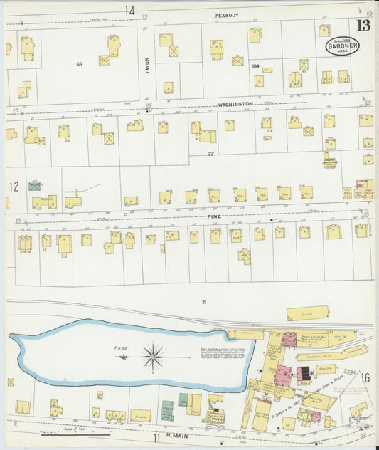 Sanborn Fire Insurance Map from Gardner, Worcester County, Massachusetts (1905), Sheet #0013 - Historic Sanborn Fire Insurance Map Print, vintage old map wall art, antique decor, genealogy gift, Massachusetts Massachusetts map