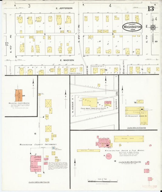 Sanborn Fire Insurance Map from Washington, Washington County, Iowa (1917), Sheet #0013 - Historic Sanborn Fire Insurance Map Print, vintage old map wall art, antique decor, genealogy gift, Sanborn Fire Insurance Map from Washington Washington map