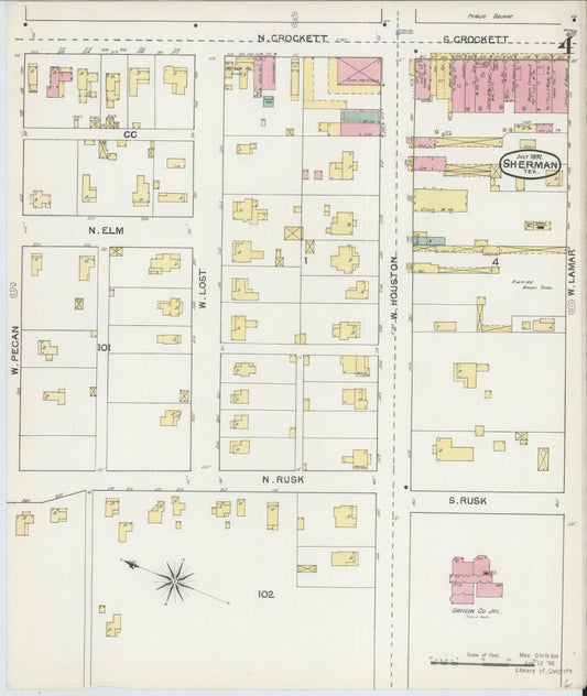 Sanborn Fire Insurance Map from Sherman, Grayson County, Texas (1892), Sheet #0004 - Historic Sanborn Fire Insurance Map Print, vintage old map wall art, antique decor, genealogy gift, Texas Texas map
