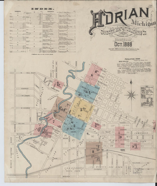 Sanborn Fire Insurance Map from Adrian, Lenawee County, Michigan (1888), Sheet #0001 - Complete Map Set gallery image, historic Sanborn map, vintage wall art, Michigan Michigan