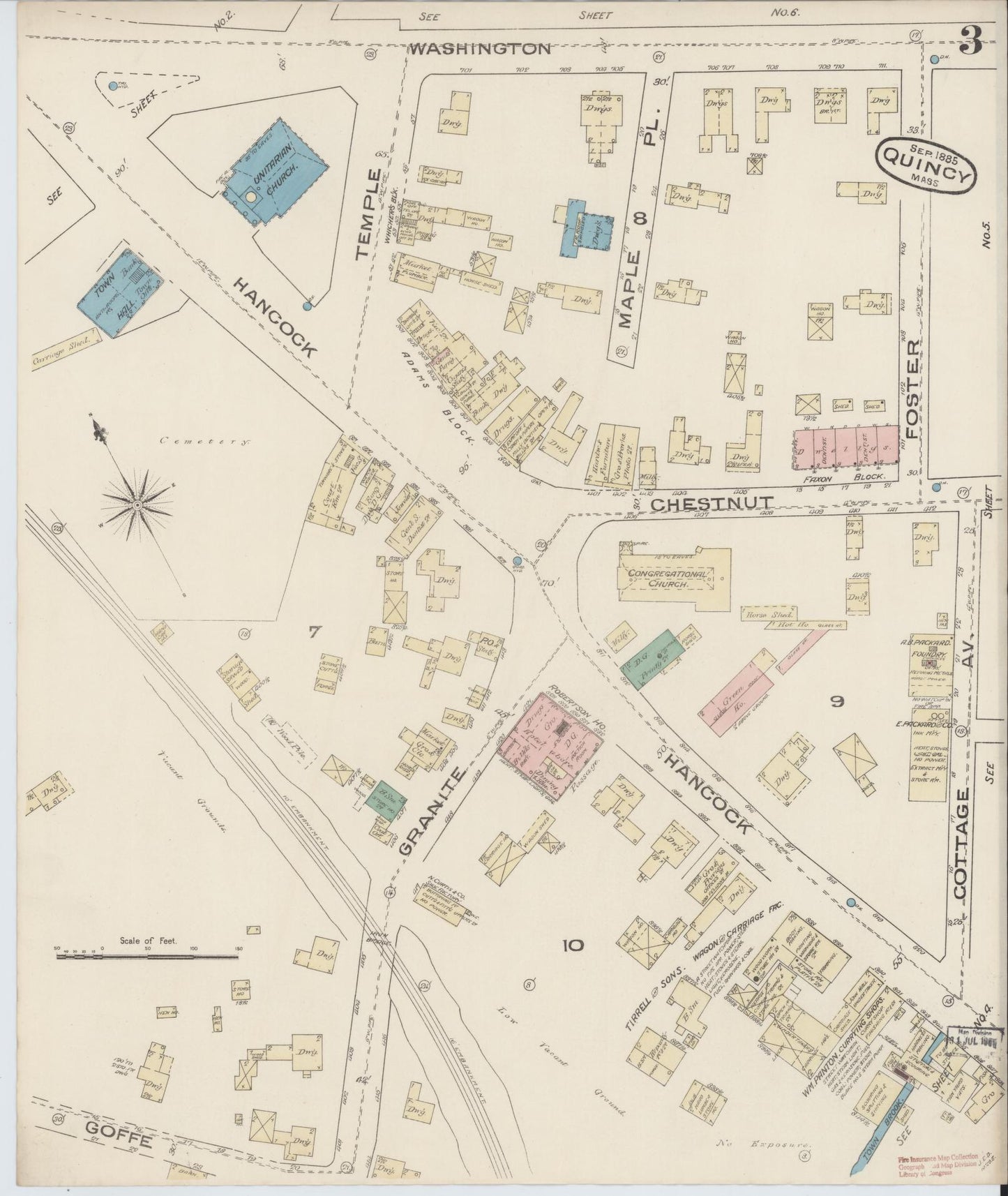 Sanborn Fire Insurance Map from Quincy, Norfolk County, Massachusetts (1885), Sheet #0003 - Historic Sanborn Fire Insurance Map Print, vintage old map wall art, antique decor, genealogy gift, Massachusetts Massachusetts map