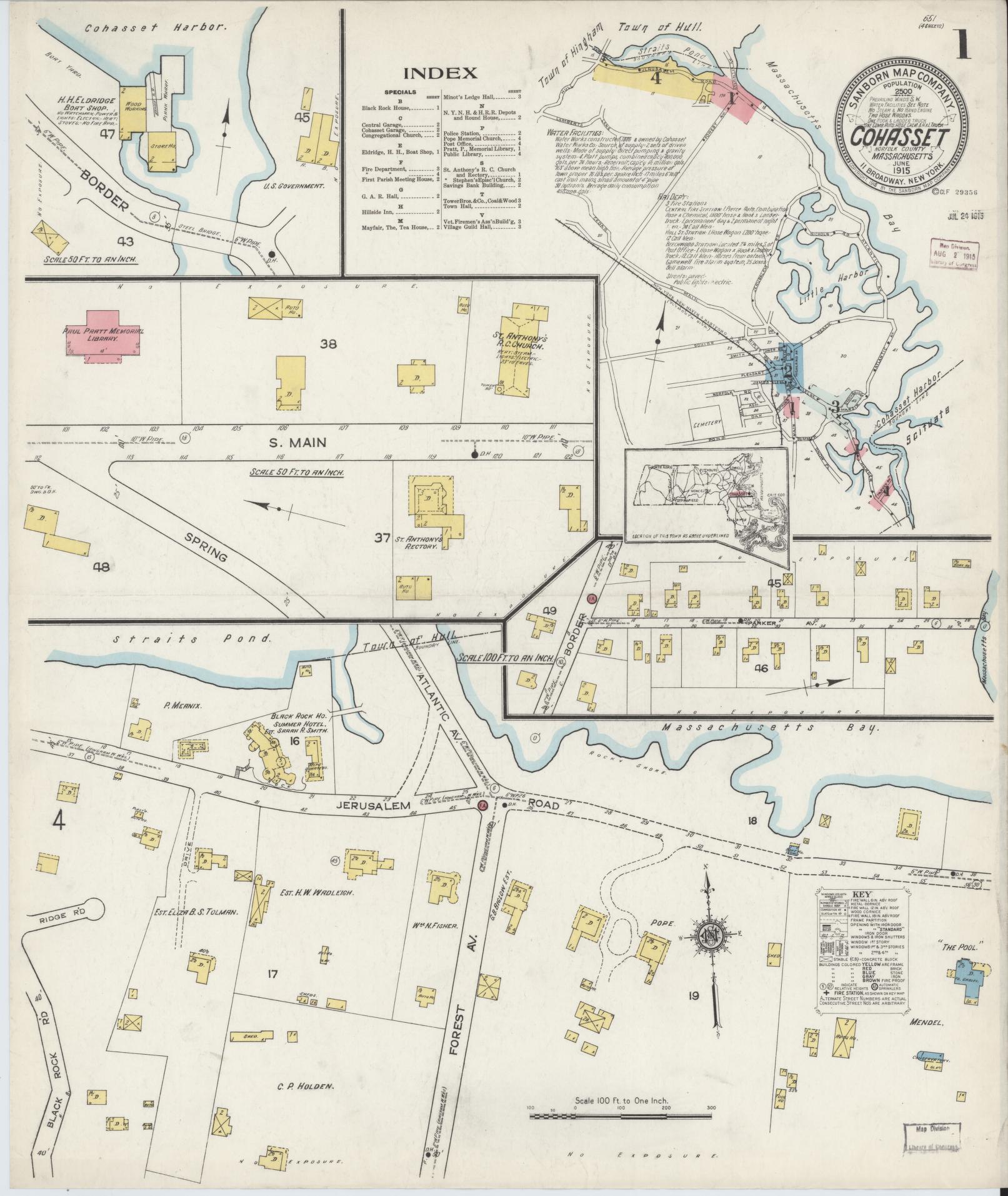 Sanborn Fire Insurance Map from Cohasset, Norfolk County, Massachusetts (1915), Sheet #0001 - Historic Sanborn Fire Insurance Map Print, vintage old map wall art, antique decor, genealogy gift, Massachusetts Massachusetts map