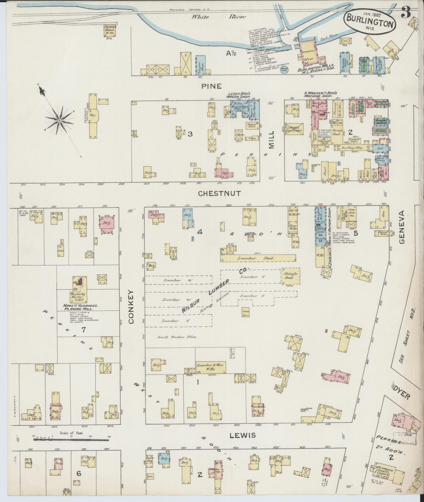 Sanborn Fire Insurance Map from Burlington, Racine County, Wisconsin (1887), Sheet #0003 - Historic Sanborn Fire Insurance Map Print, vintage old map wall art, antique decor, genealogy gift, Wisconsin Wisconsin map