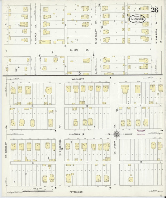 Sanborn Fire Insurance Map from Shawnee, Pottawatomie County, Oklahoma (1912), Sheet #0026 - Historic Sanborn Fire Insurance Map Print, vintage old map wall art, antique decor, genealogy gift, Oklahoma Oklahoma map