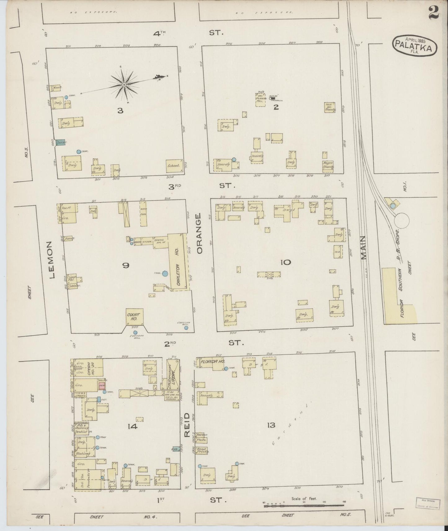 Sanborn Fire Insurance Map from Palatka, Putnam County, Florida (1885), Sheet #0002 - Complete Map Set gallery image, historic Sanborn map, vintage wall art, Florida Florida