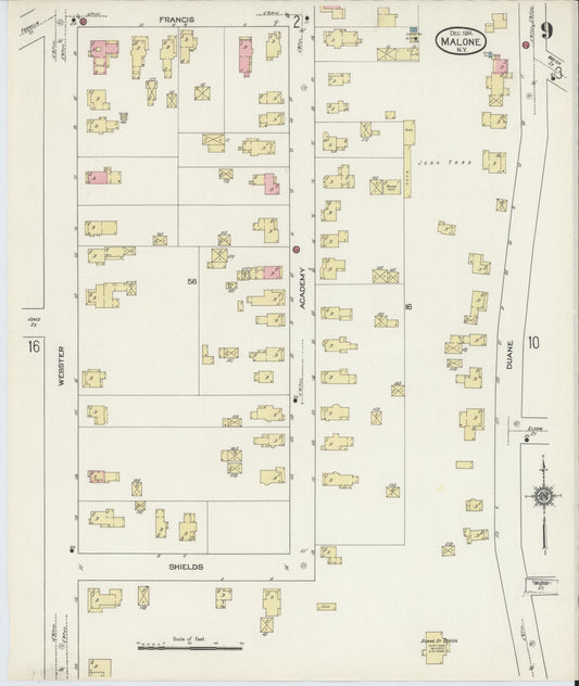 Sanborn Fire Insurance Map from Malone, Franklin County, New York (1914), Sheet #0009 - Historic Sanborn Fire Insurance Map Print, vintage old map wall art, antique decor, genealogy gift, New York New York map