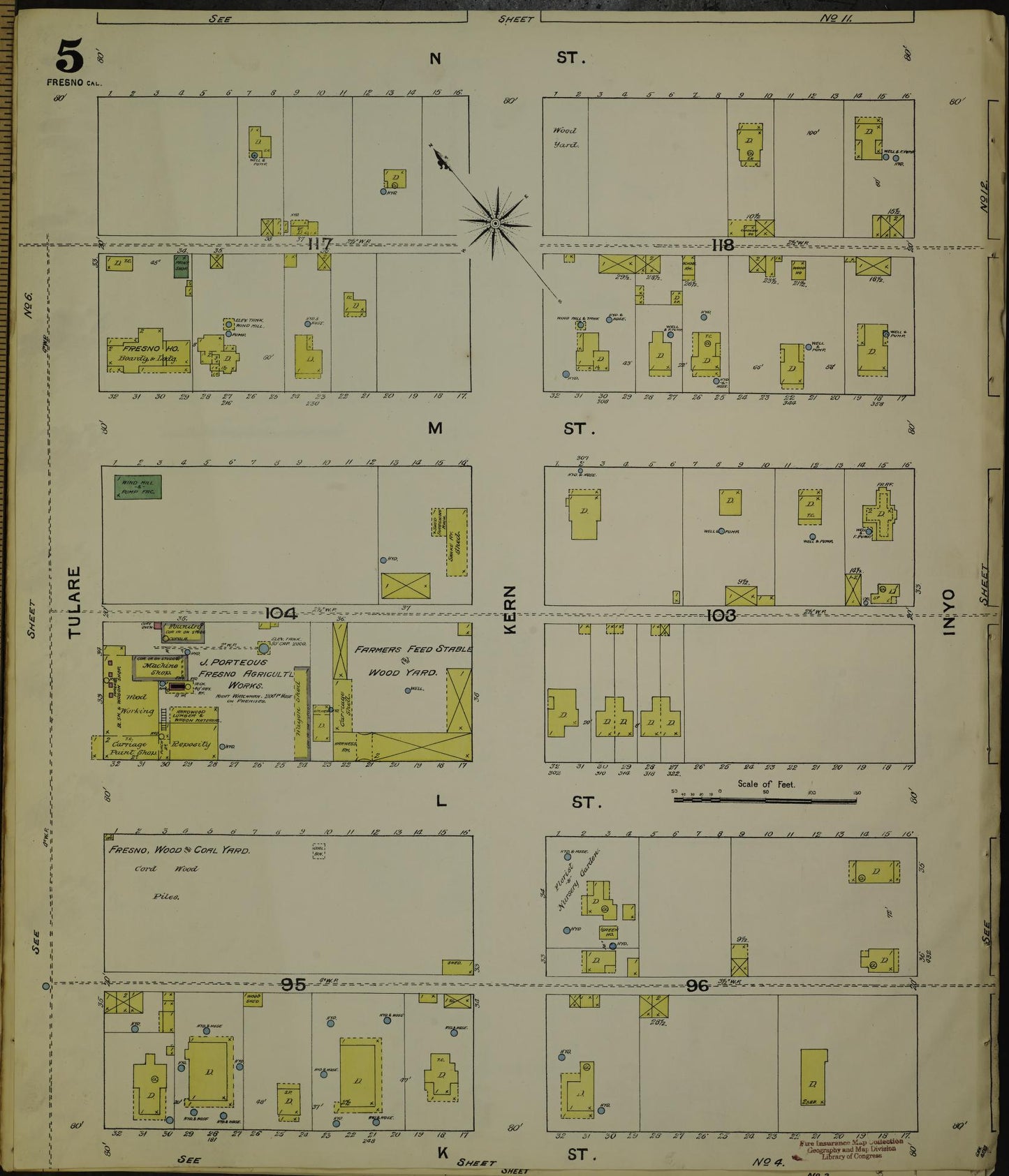 Sanborn Fire Insurance Map from Fresno, Fresno County, California (1888), Sheet #0005 - Historic Sanborn Fire Insurance Map Print, vintage old map wall art, antique decor, genealogy gift, California California map