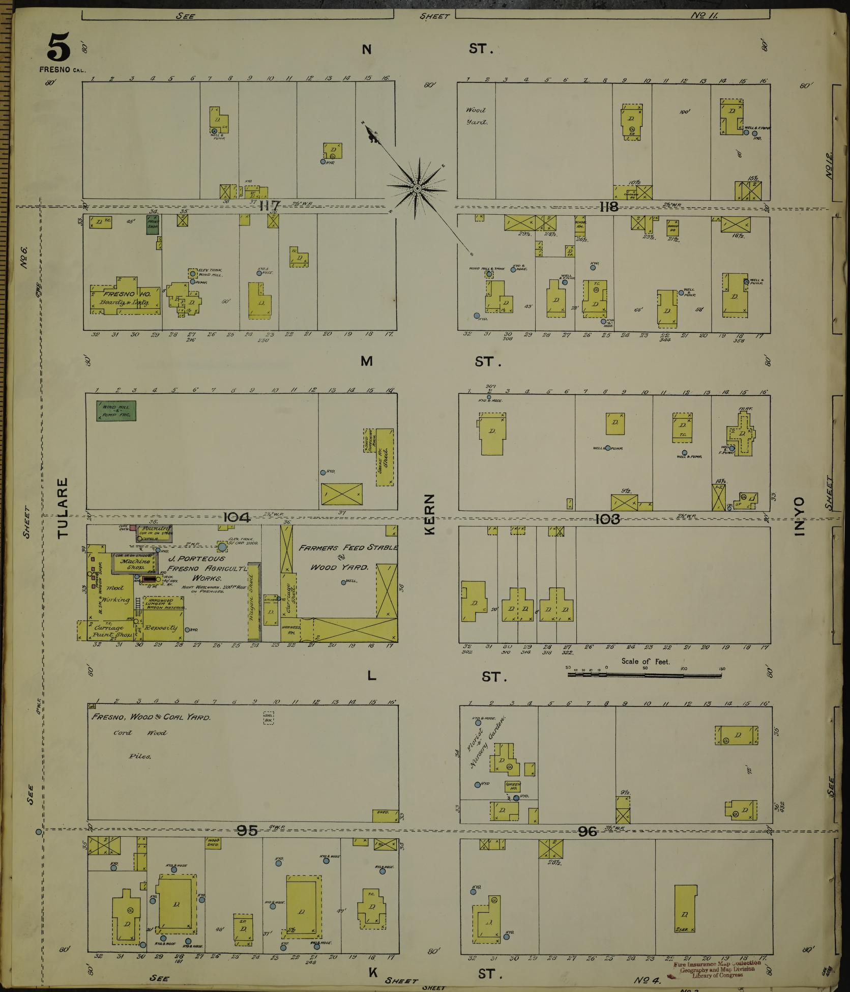 Sanborn Fire Insurance Map from Fresno, Fresno County, California (1888), Sheet #0005 - Historic Sanborn Fire Insurance Map Print, vintage old map wall art, antique decor, genealogy gift, California California map