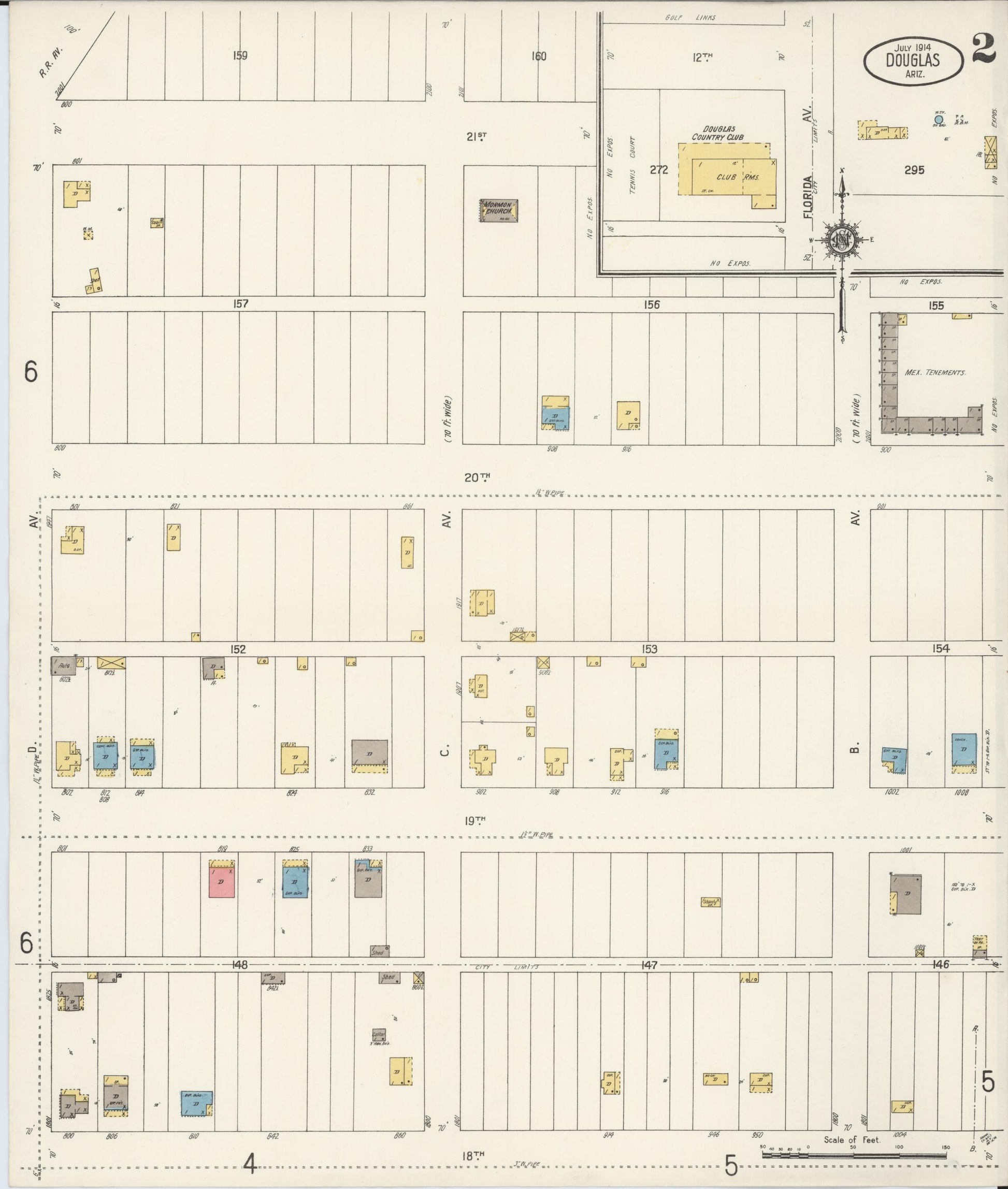 Sanborn Fire Insurance Map from Douglas, Cochise County, Arizona (1914), Sheet #0002 - Complete Map Set gallery image, historic Sanborn map, vintage wall art, Arizona Arizona