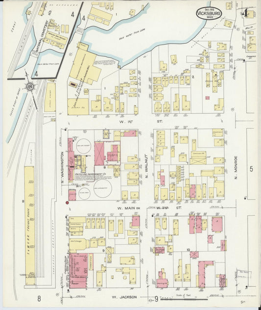 Sanborn Fire Insurance Map from Vicksburg, Warren County, Mississippi (1913), Sheet #0004 - Historic Sanborn Fire Insurance Map Print, vintage old map wall art, antique decor, genealogy gift, Mississippi Mississippi map