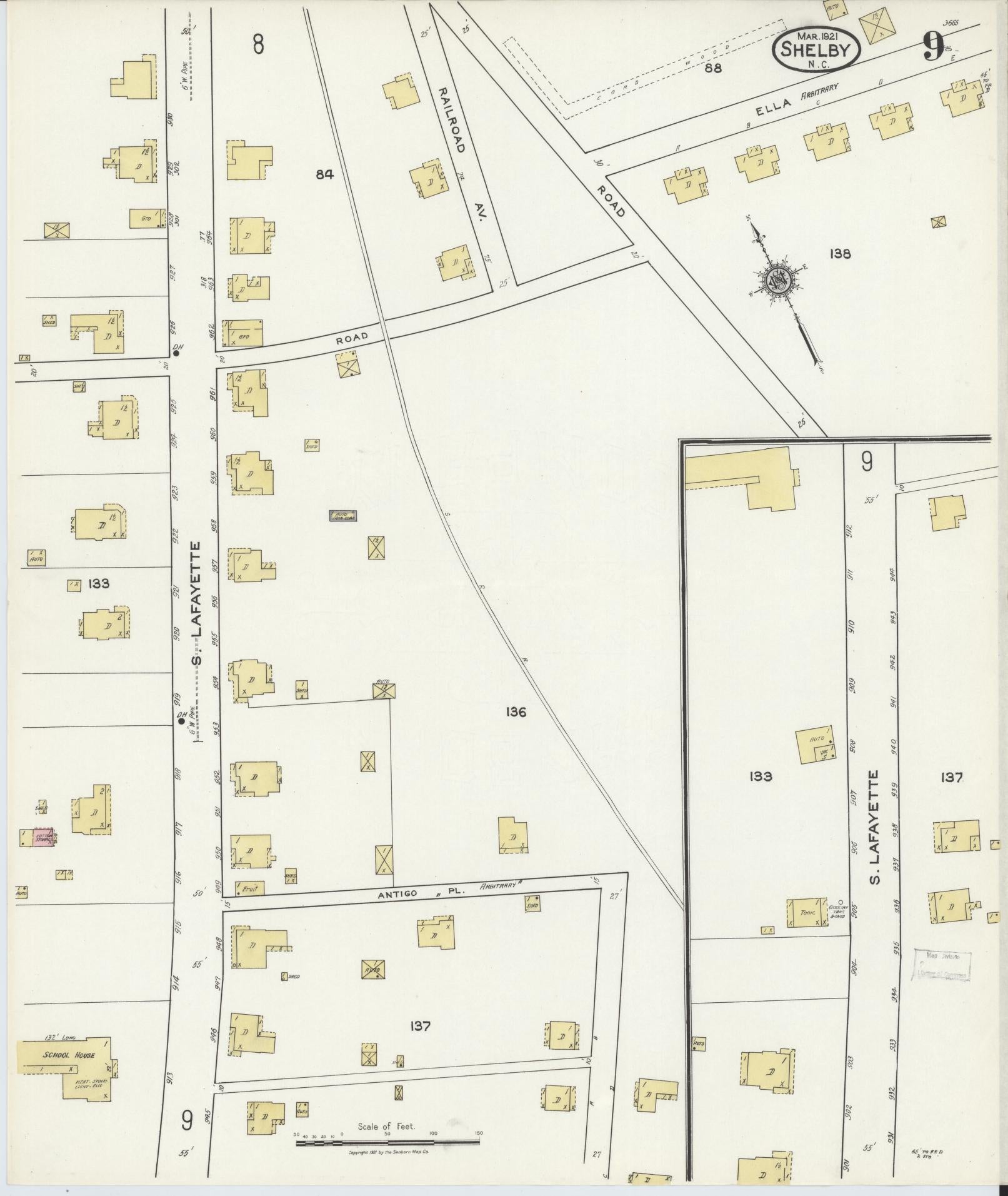 Sanborn Fire Insurance Map from Shelby, Cleveland County, North Carolina (1921), Sheet #0009 - Historic Sanborn Fire Insurance Map Print, vintage old map wall art, antique decor, genealogy gift, North Carolina North Carolina map