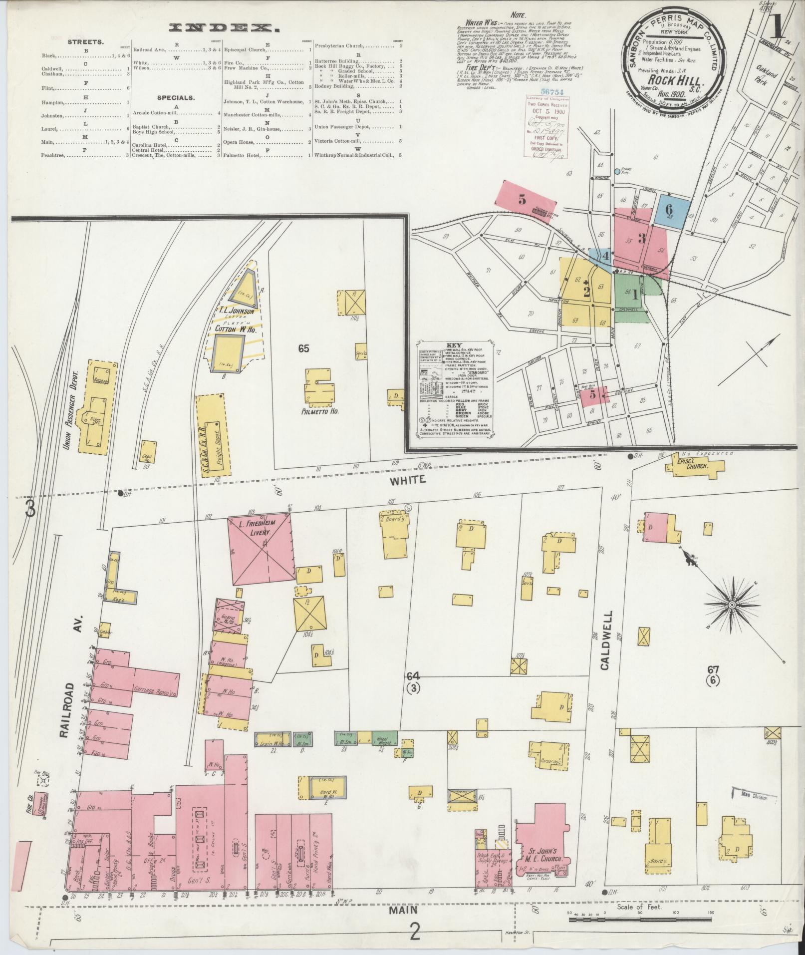 Sanborn Fire Insurance Map from Rock Hill, York County, South Carolina (1900), Sheet #0001 - Historic Sanborn Fire Insurance Map Print, vintage old map wall art, antique decor, genealogy gift, South Carolina South Carolina map