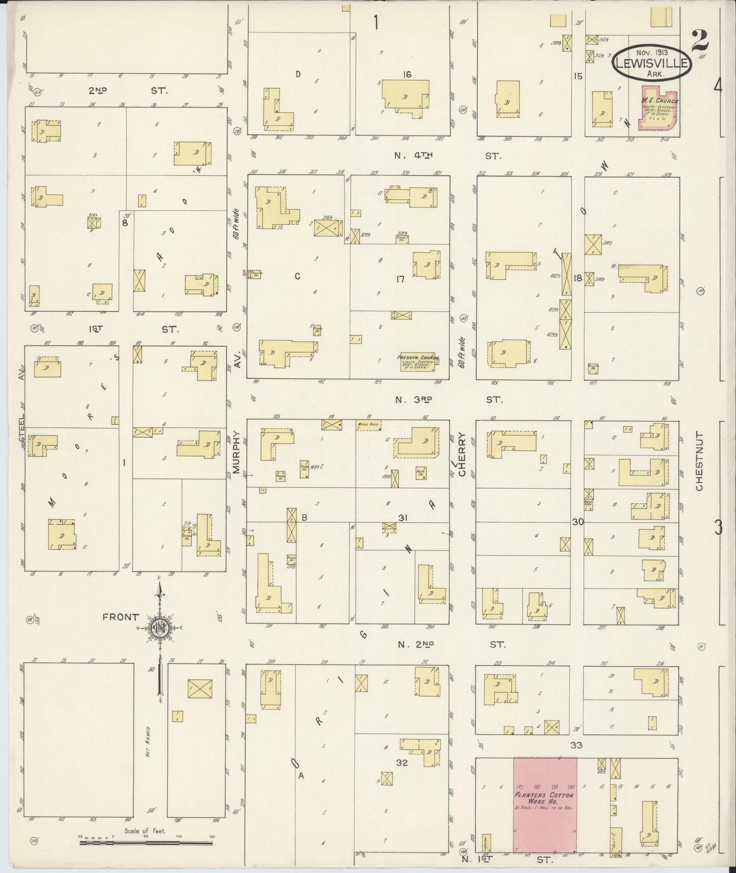 Sanborn Fire Insurance Map from Lewisville, Lafayette County, Arkansas (1913), Sheet #0002 - Complete Map Set gallery image, historic Sanborn map, vintage wall art, Arkansas Arkansas
