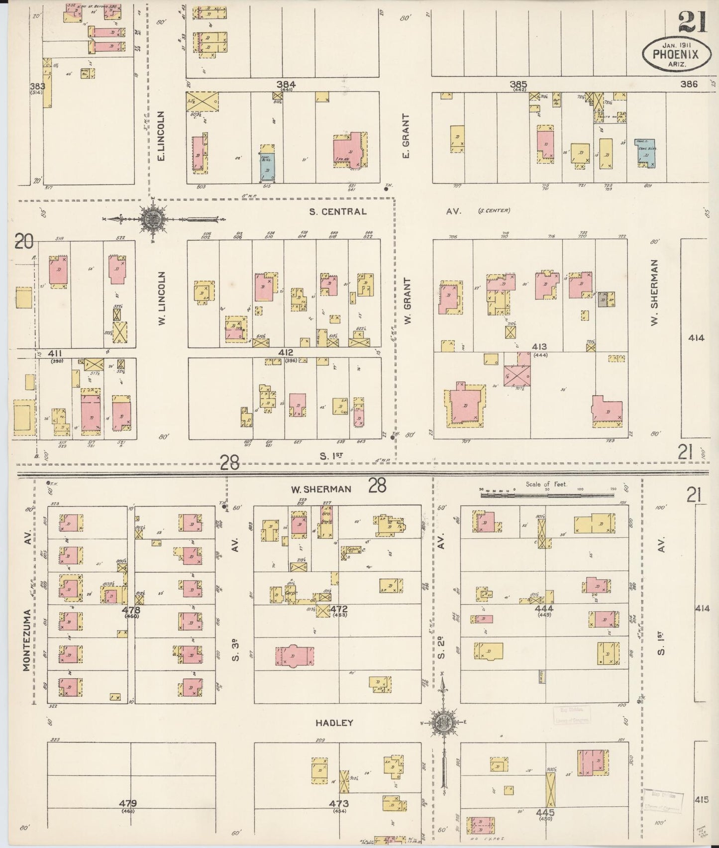 Sanborn Fire Insurance Map from Phoenix, Maricopa County, Arizona (1911), Sheet #0021 - Historic Sanborn Fire Insurance Map Print, vintage old map wall art, antique decor, genealogy gift, Arizona Arizona map