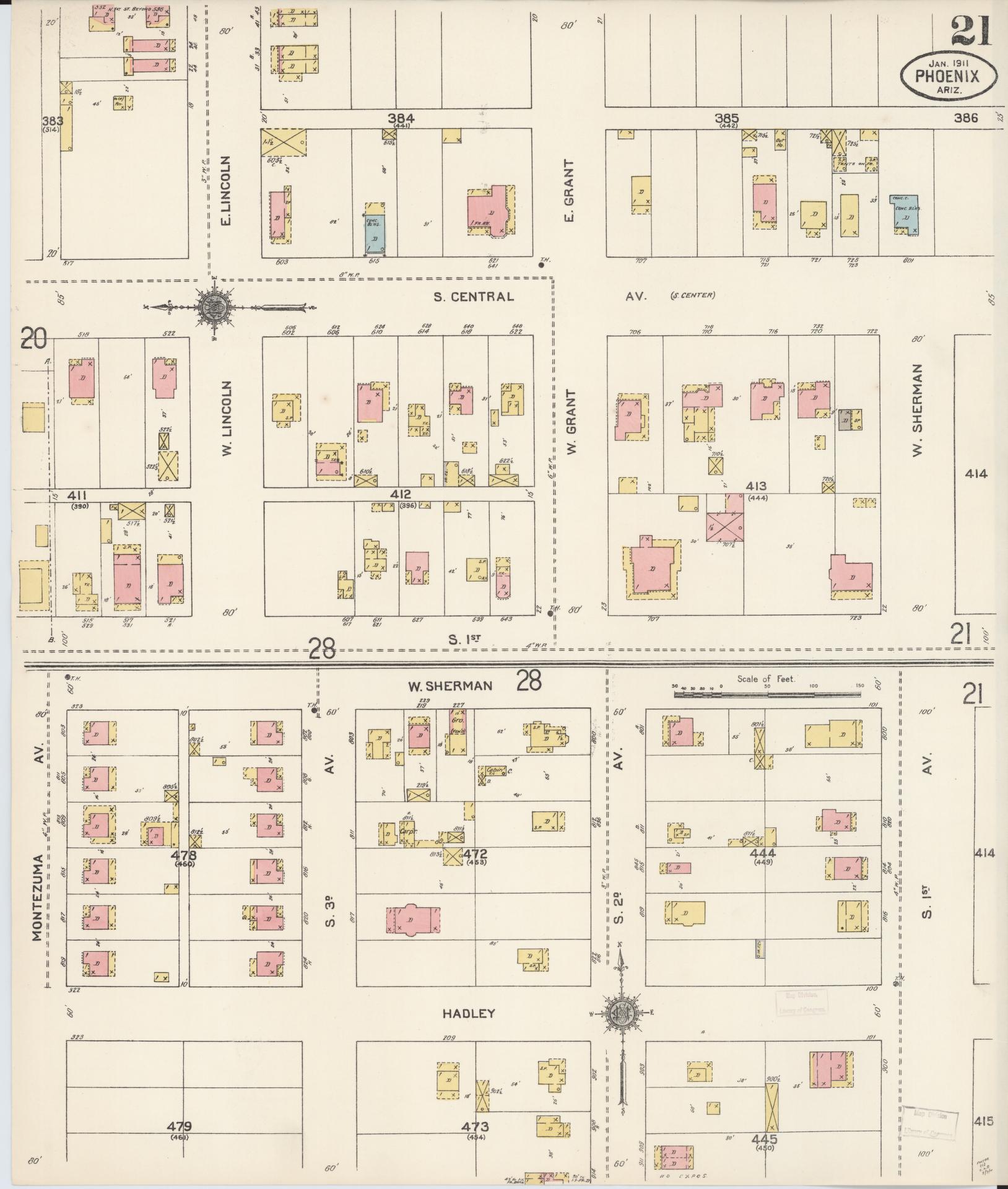 Sanborn Fire Insurance Map from Phoenix, Maricopa County, Arizona (1911), Sheet #0021 - Historic Sanborn Fire Insurance Map Print, vintage old map wall art, antique decor, genealogy gift, Arizona Arizona map