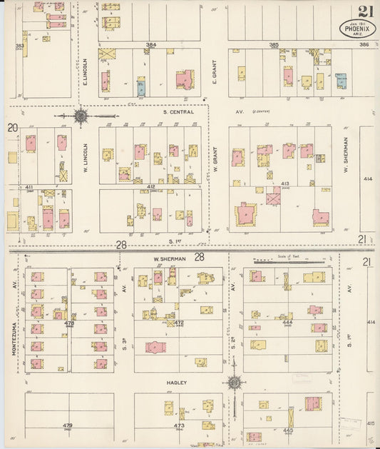 Sanborn Fire Insurance Map from Phoenix, Maricopa County, Arizona (1911), Sheet #0021 - Historic Sanborn Fire Insurance Map Print, vintage old map wall art, antique decor, genealogy gift, Arizona Arizona map