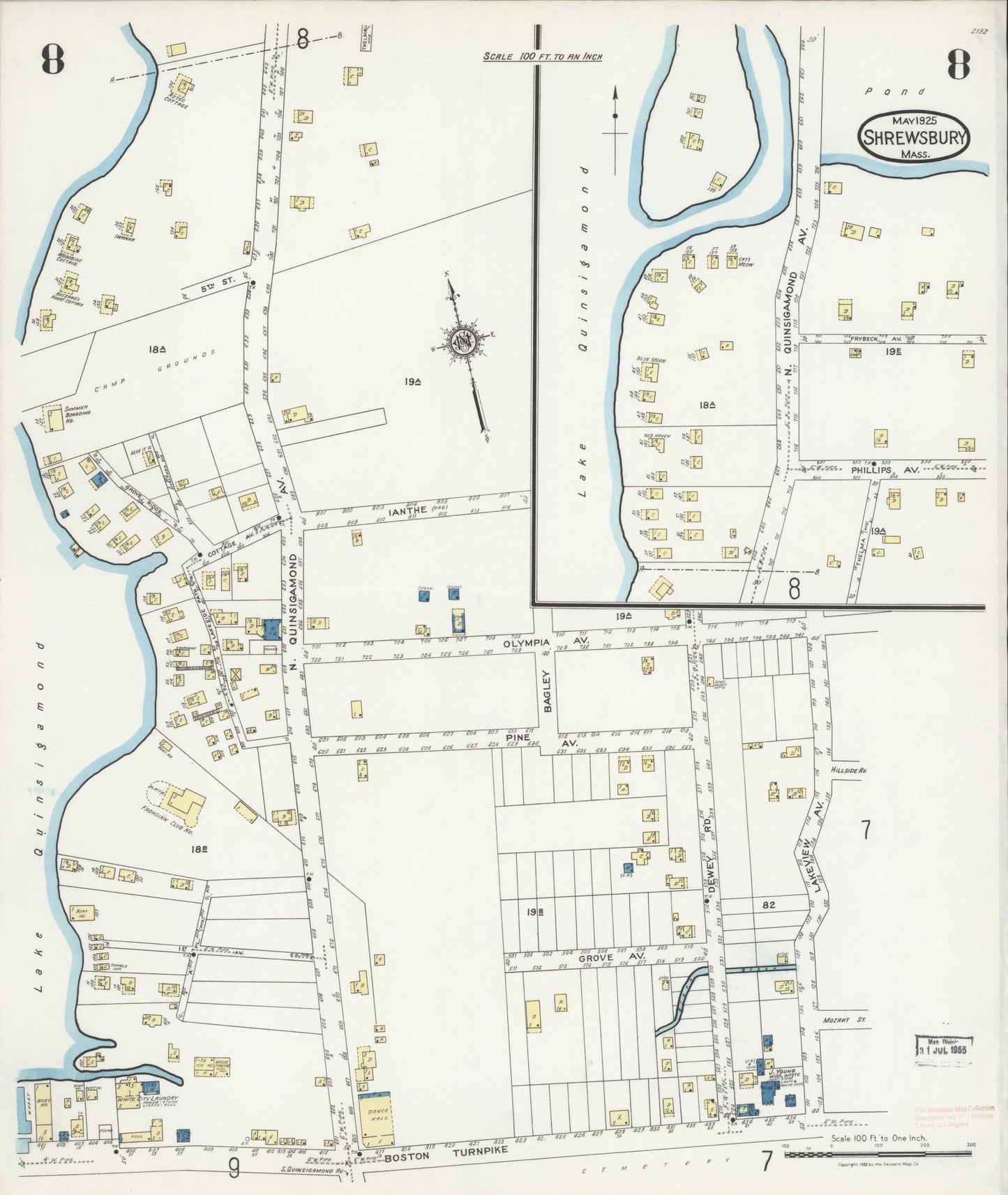 Sanborn Fire Insurance Map from Shrewsbury, Worcester County, Massachusetts (1925), Sheet #0008 - Historic Sanborn Fire Insurance Map Print, vintage old map wall art, antique decor, genealogy gift, Massachusetts Massachusetts map