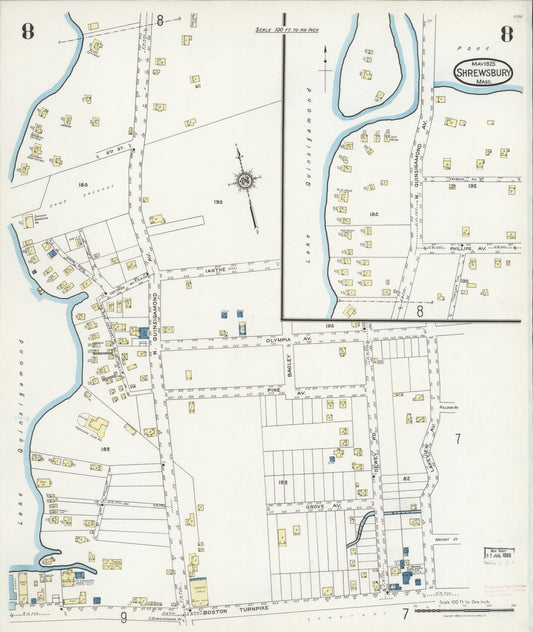 Sanborn Fire Insurance Map from Shrewsbury, Worcester County, Massachusetts (1925), Sheet #0008 - Historic Sanborn Fire Insurance Map Print, vintage old map wall art, antique decor, genealogy gift, Massachusetts Massachusetts map