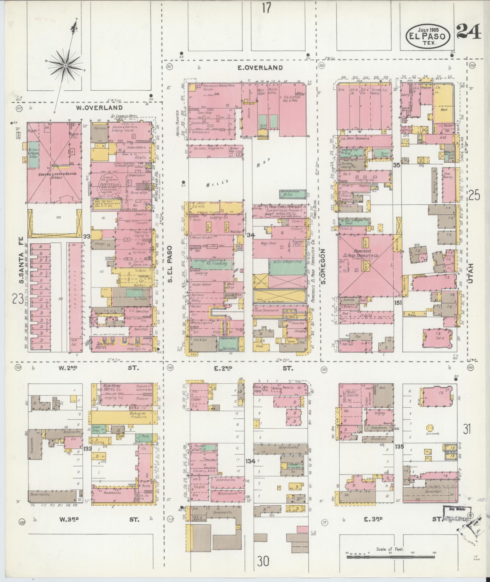 Sanborn Fire Insurance Map from El Paso, El Paso County, Texas (1905), Sheet #0024 - Complete Map Set gallery image, historic Sanborn map, vintage wall art, Texas Texas