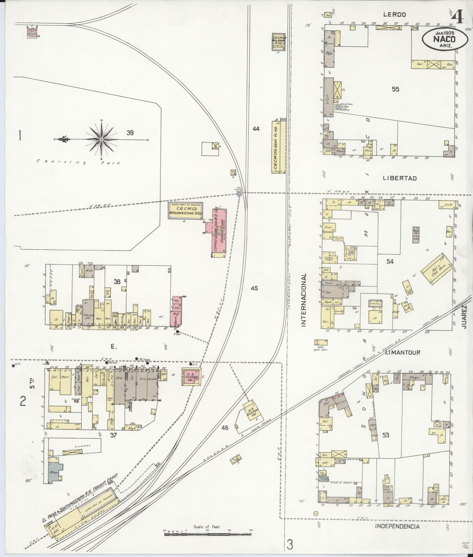 Sanborn Fire Insurance Map from Naco, Cochise County, Arizona (1909), Sheet #0004 - Complete Map Set gallery image, historic Sanborn map, vintage wall art, Arizona Arizona