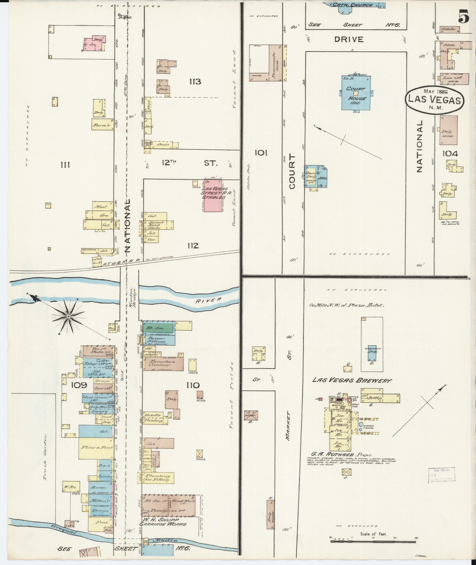 Sanborn Fire Insurance Map from Las Vegas, San Miguel County, New Mexico (1886), Sheet #0005 - Complete Map Set gallery image, historic Sanborn map, vintage wall art, New Mexico New Mexico