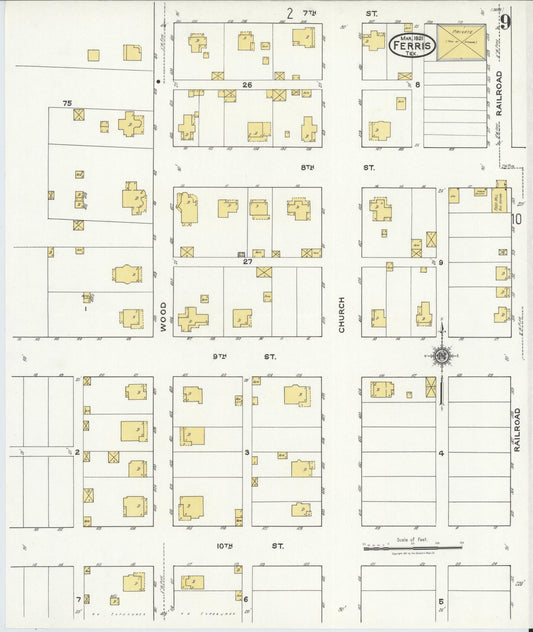 Sanborn Fire Insurance Map from Ferris, Ellis County, Texas (1921), Sheet #0009 - Historic Sanborn Fire Insurance Map Print, vintage old map wall art, antique decor, genealogy gift, Texas Texas map
