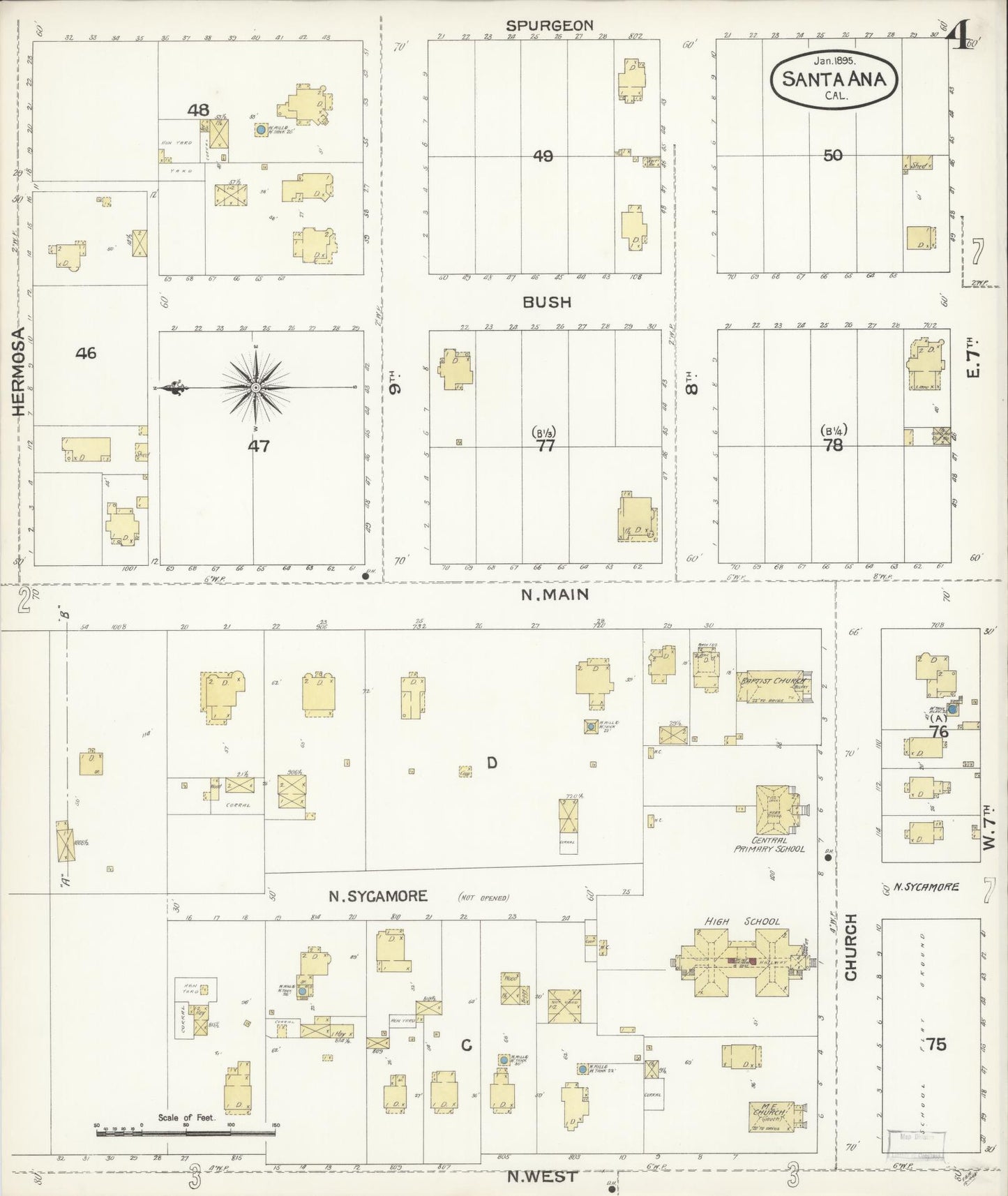 Sanborn Fire Insurance Map from Santa Ana, Orange County, California (1895), Sheet #0004 - Complete Map Set gallery image, historic Sanborn map, vintage wall art, California California