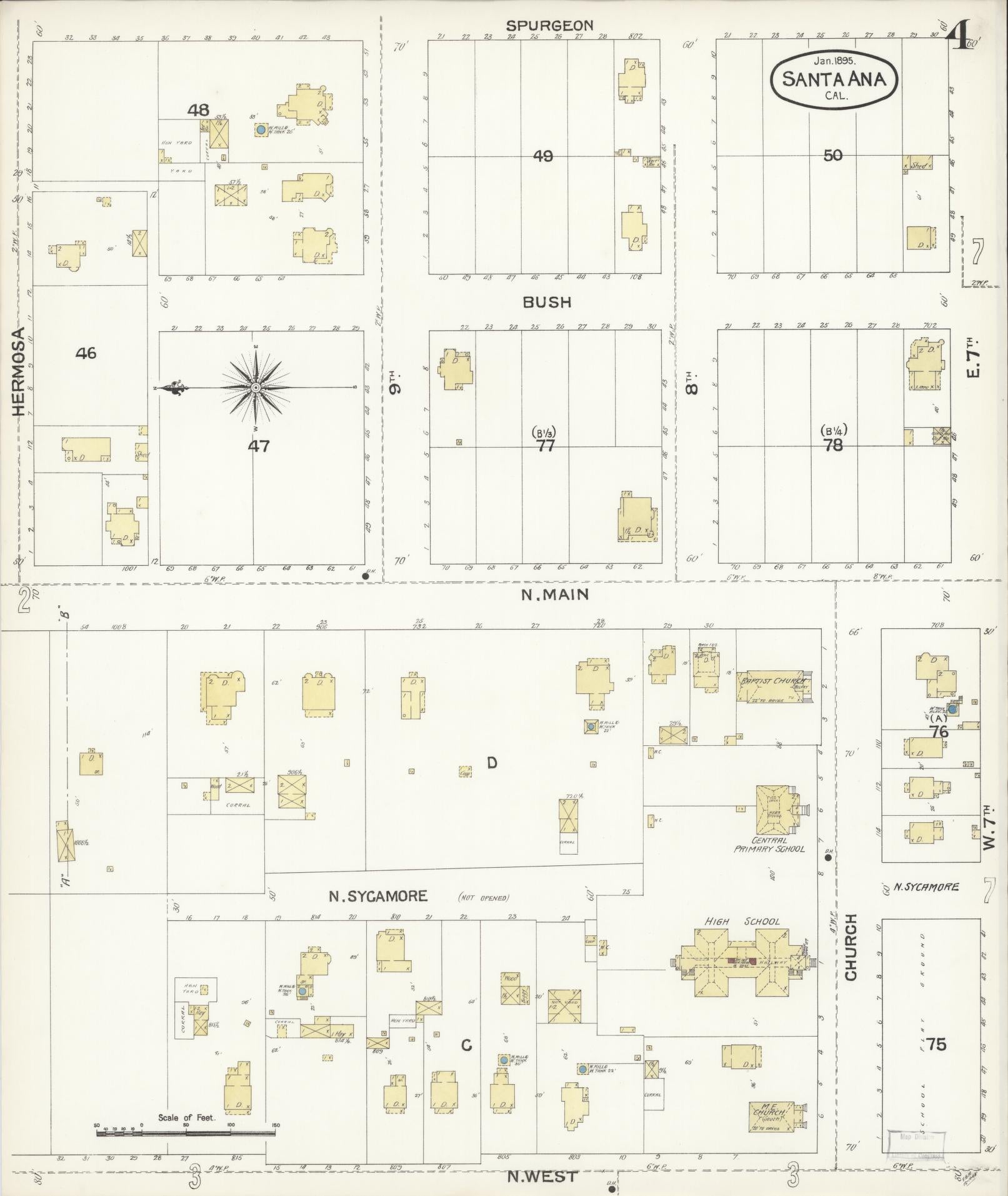 Sanborn Fire Insurance Map from Santa Ana, Orange County, California (1895), Sheet #0004 - Complete Map Set gallery image, historic Sanborn map, vintage wall art, California California