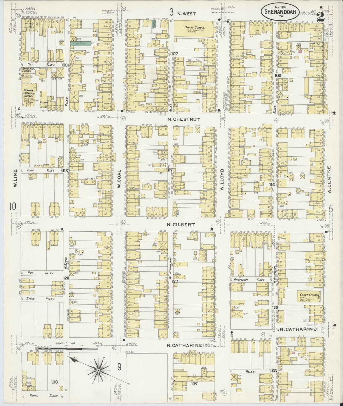 Sanborn Fire Insurance Map from Shenandoah, Schuylkill County, Pennsylvania (1908), Sheet #0002 - Historic Sanborn Fire Insurance Map Print, vintage old map wall art, antique decor, genealogy gift, Pennsylvania Pennsylvania map