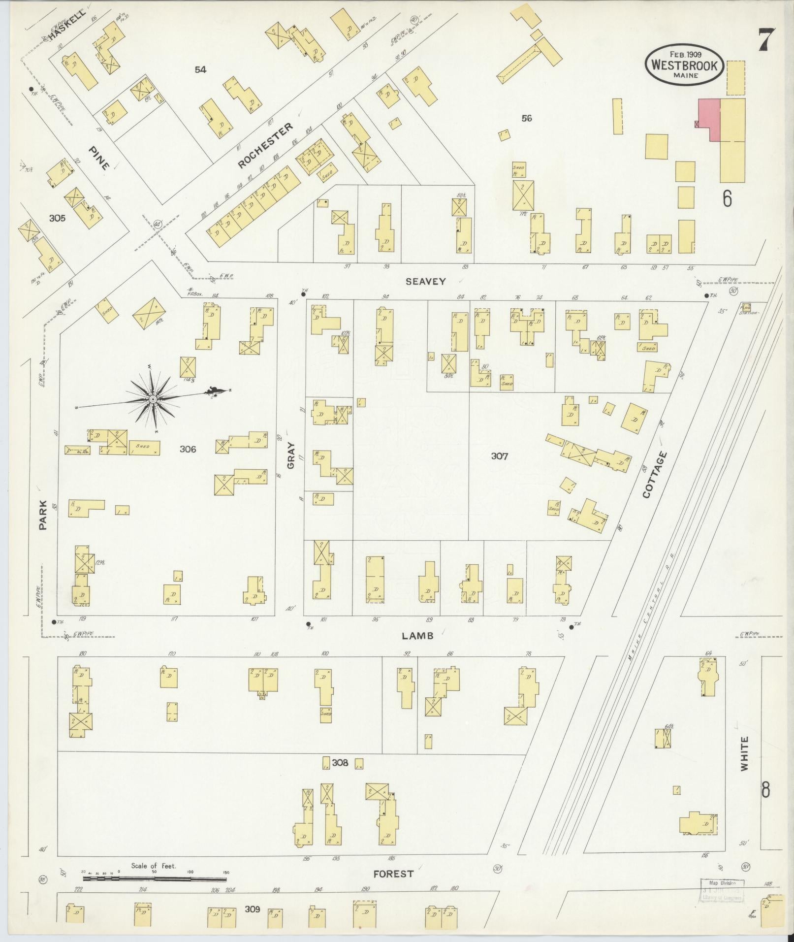 Sanborn Fire Insurance Map from Westbrook, Cumberland County, Maine (1909), Sheet #0007 - Complete Map Set gallery image, historic Sanborn map, vintage wall art, Maine Maine
