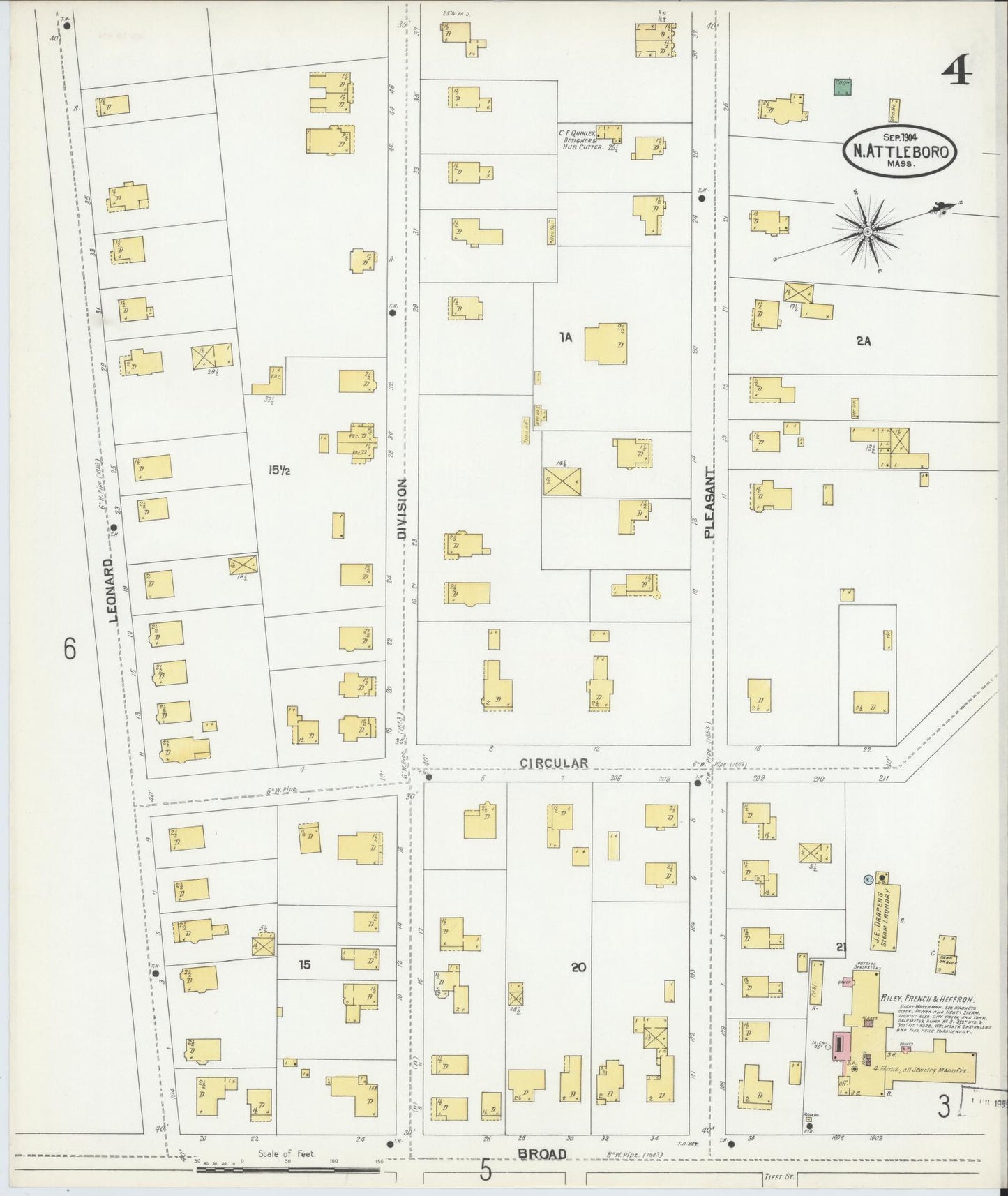 Sanborn Fire Insurance Map from North Attleborough, Bristol County, Massachusetts (1904), Sheet #0004 - Complete Map Set gallery image, historic Sanborn map, vintage wall art, Massachusetts Massachusetts