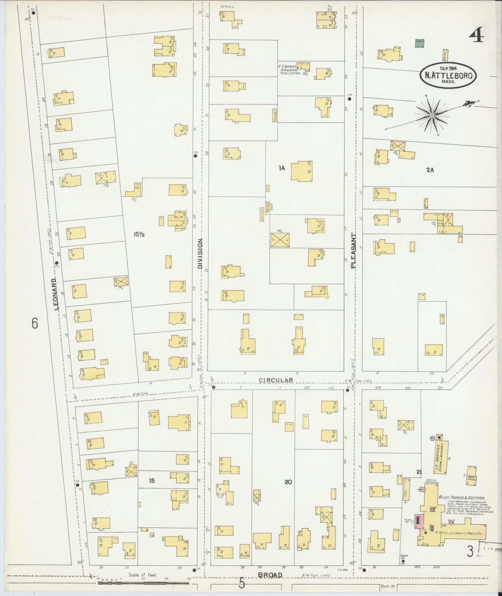Sanborn Fire Insurance Map from North Attleborough, Bristol County, Massachusetts (1904), Sheet #0004 - Complete Map Set gallery image, historic Sanborn map, vintage wall art, Massachusetts Massachusetts