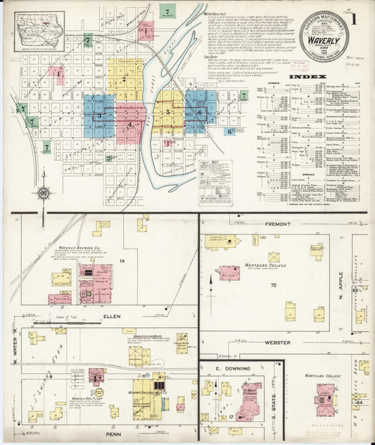 Sanborn Fire Insurance Map from Waverly, Bremer County, Iowa (1915), Sheet #0001 - Historic Sanborn Fire Insurance Map Print, vintage old map wall art