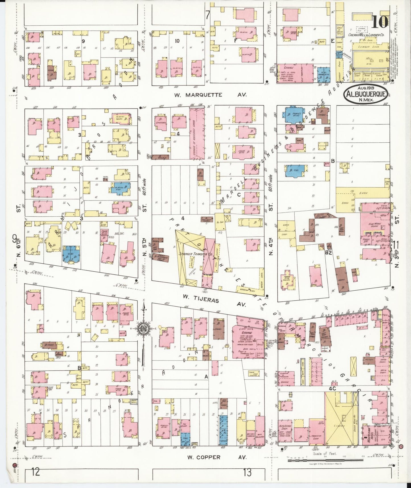 Sanborn Fire Insurance Map from Albuquerque, Bernalillo County, New Mexico (1919), Sheet #0010 - Complete Map Set gallery image, historic Sanborn map, vintage wall art, New Mexico New Mexico